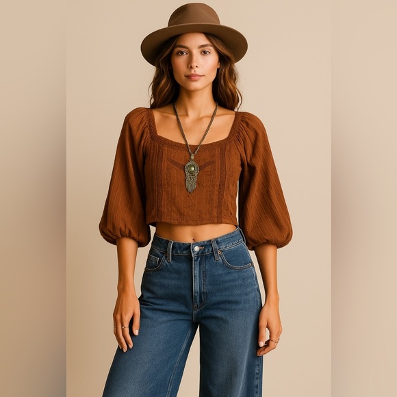 American Eagle Outfitters Tops - American Eagle Brown Embroidered Cropped Cotton Blouse